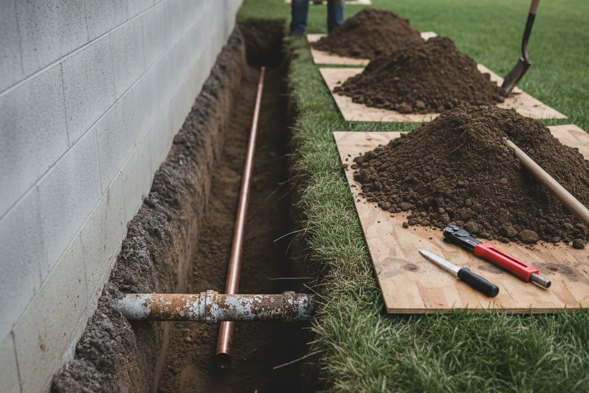 Excavated water line trench during Water Softener Installation in Oakwood